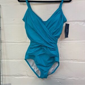 Jantzen Teal Blue one piece v-neck swimsuit, ruched stomach panels, size 10, NWT